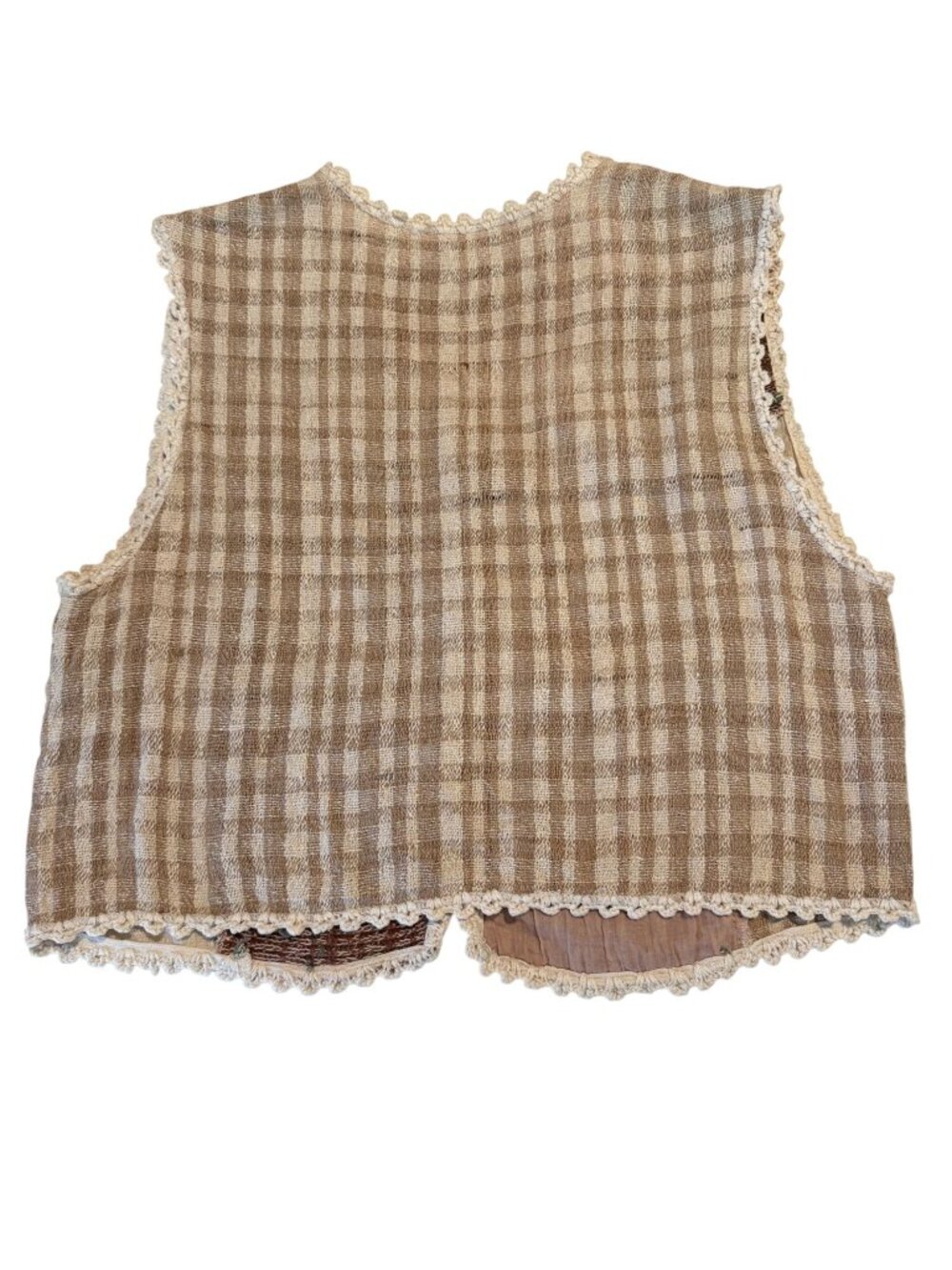 Sandy Starkman Brown Patchwork Crocheted Cotton Silk Vest Size Small - Picture 6 of 7